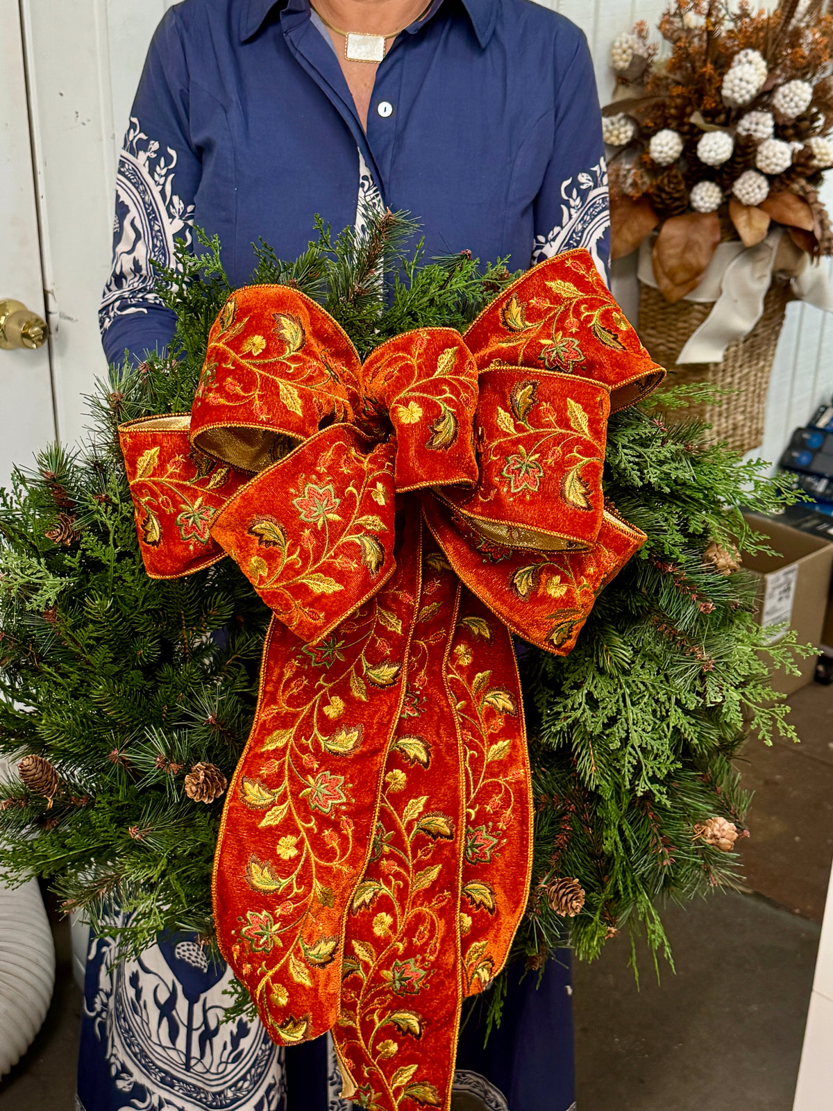 FAUX VELVET EMBROIDERED AUTUMN LEAVES BOW