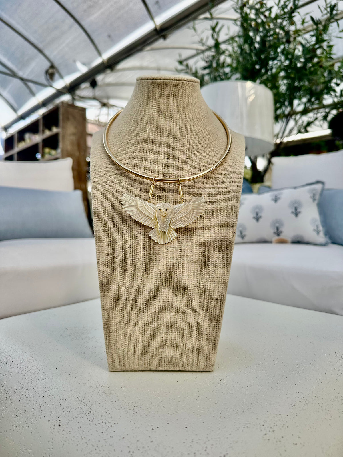 CARVED MOTHER OF PEARL OWL NECKLACE