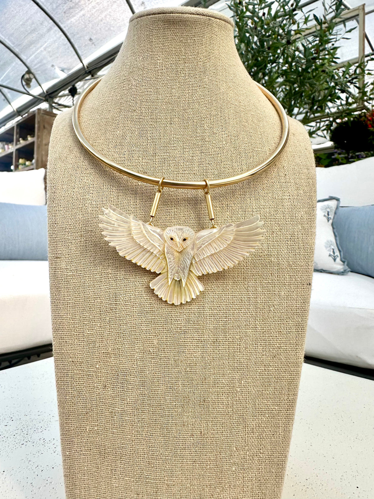 CARVED MOTHER OF PEARL OWL NECKLACE
