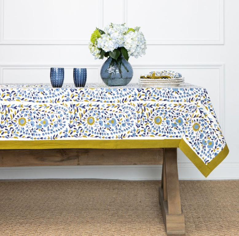 STARFLOWER BLUE & OCHRE TABLECLOTH