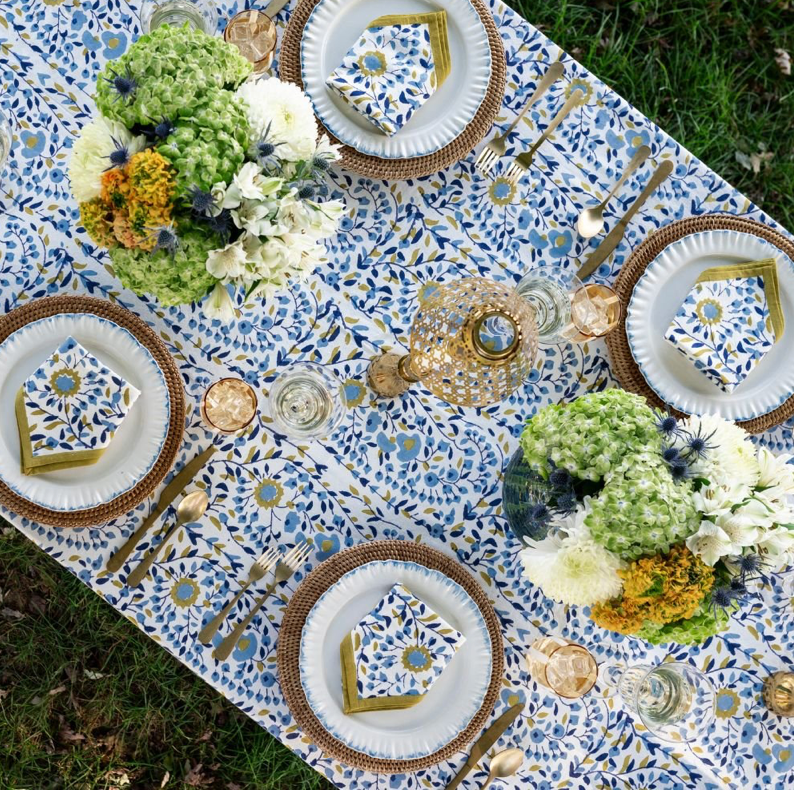 STARFLOWER BLUE & OCHRE TABLECLOTH