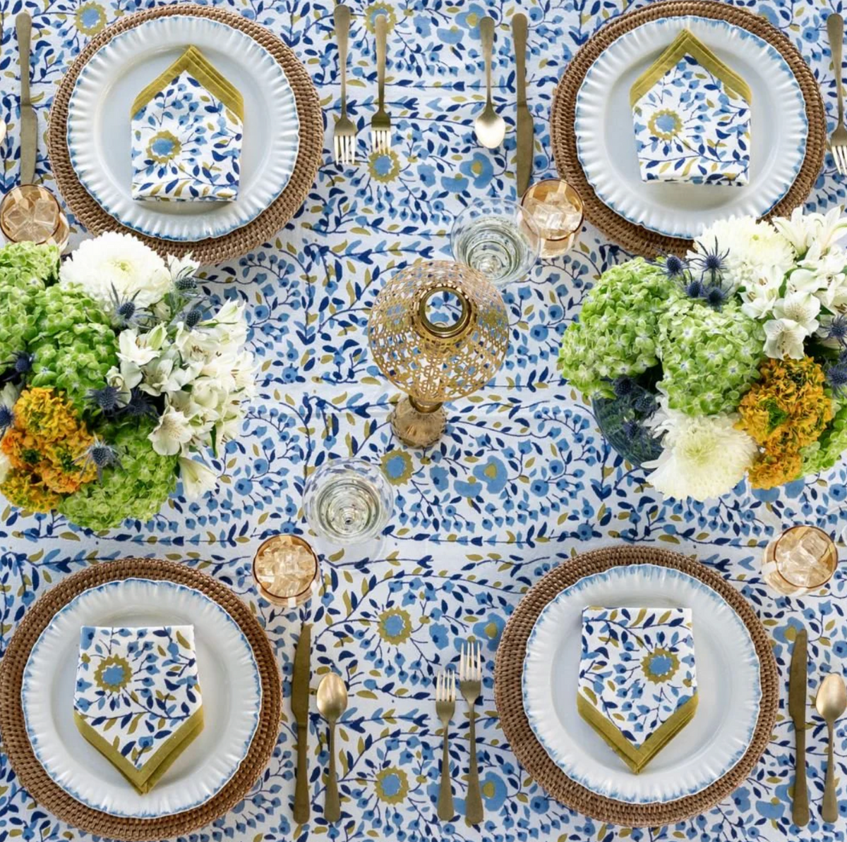 STARFLOWER BLUE & OCHRE TABLECLOTH