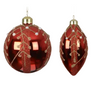 Two red Christmas tree ornaments hanging against a white background, one round and one teardrop-shaped, both decorated with gold glitter leaf patterns and small white pearl-like beads.