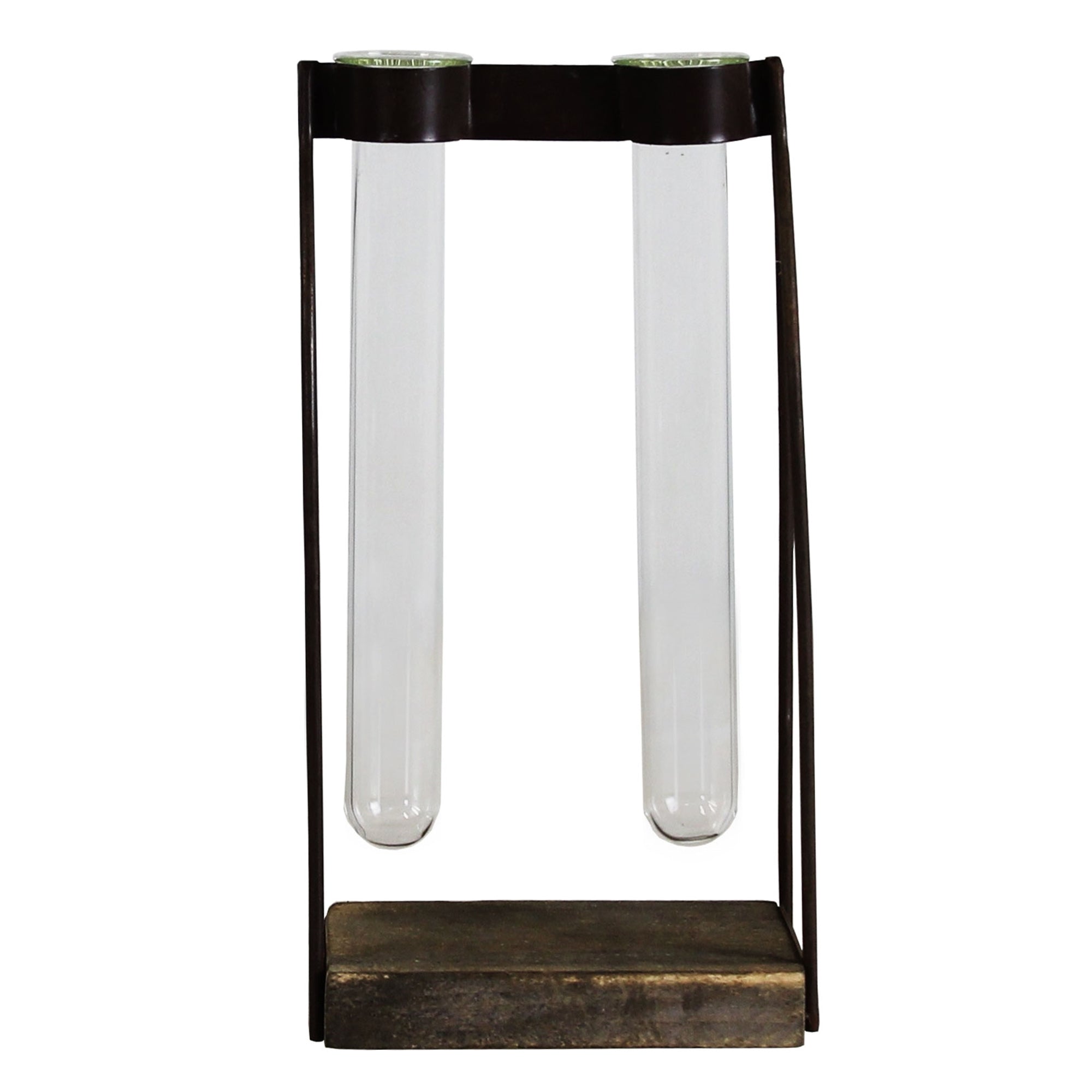 A vintage-style featuring two clear glass tubes inside a dark brown metal frame with a rustic wooden base.
