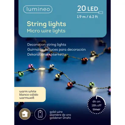 Lumineo 20 LED micro wire string lights packaging, featuring a blue and teal design with an image of warm white glowing lights on a dark blue background.