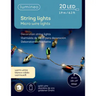 Front of a Lumineo string lights package showing 20 LED micro wire lights on a dark blue background with warm white bulbs.