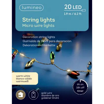 Front of a Lumineo string lights package showing 20 LED micro wire lights on a dark blue background with warm white bulbs.