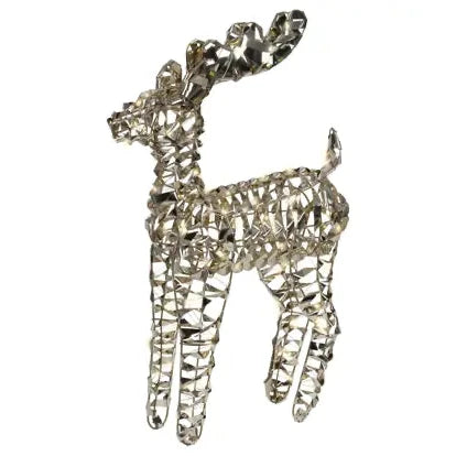 Decorative reindeer figure made of interlocking metal pieces on a white background