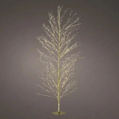 A decorative tree with a slim gold-colored frame and numerous delicate white string lights draped across the branches, set against a solid dark gray background.