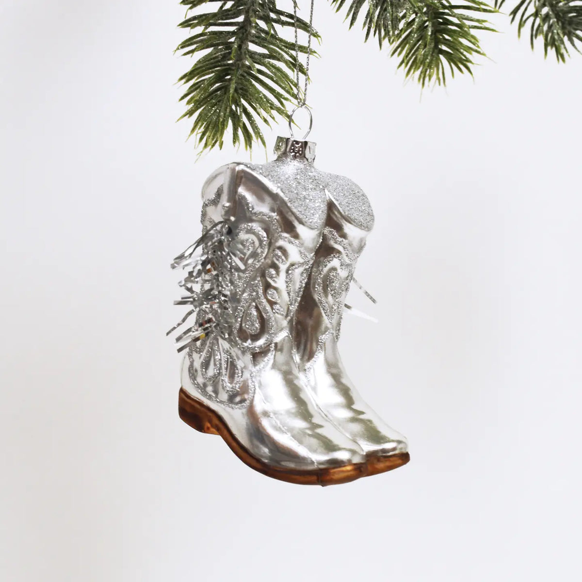 COWGIRL BOOT GLASS ORNAMENT