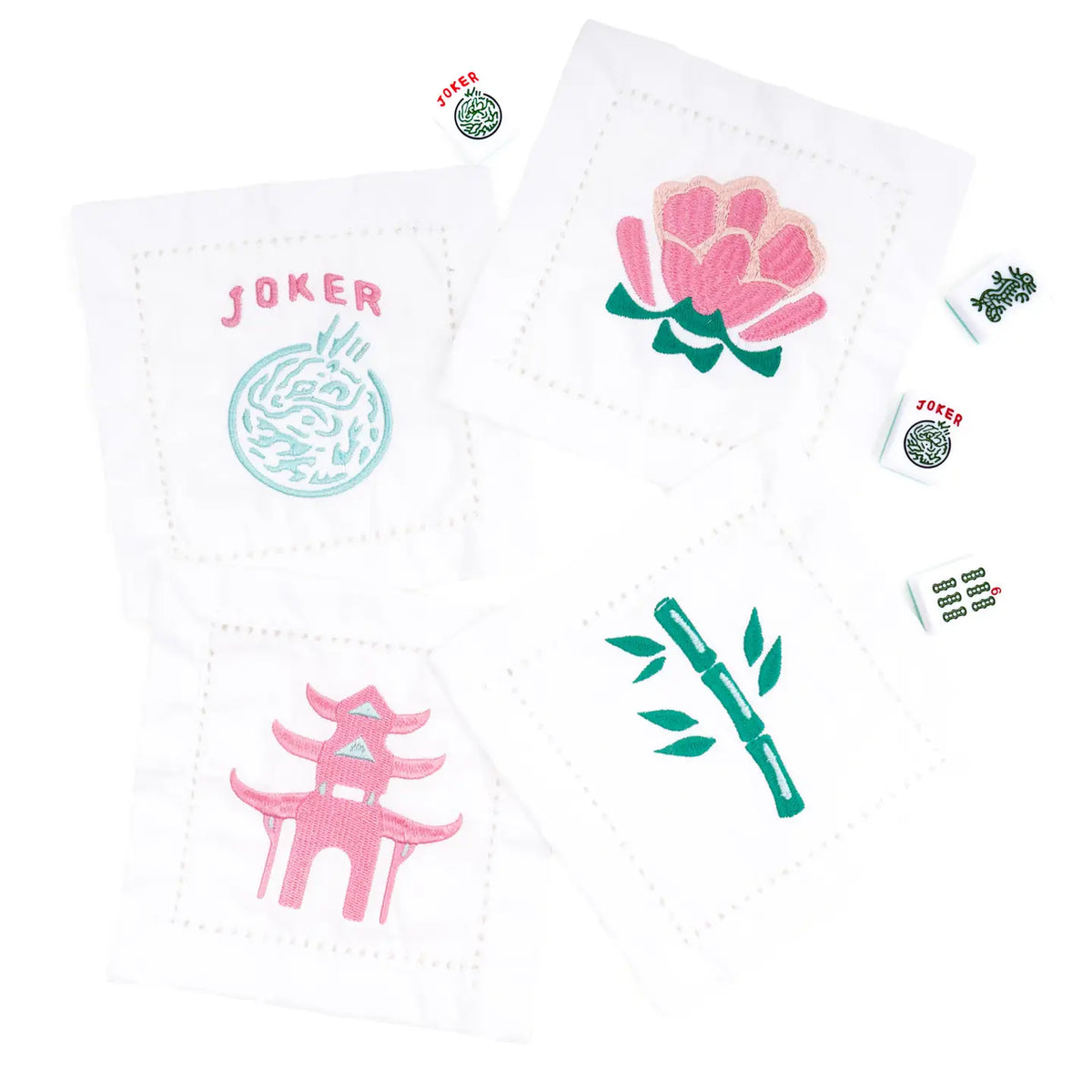 MAHJONG EMBROIDERED COCKTAIL NAPKIN SET