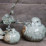 Three ceramic bird figurines in a speckled pale green glaze with brown cracked detailing, arranged on a wooden surface with a lichen-covered branch behind them.
