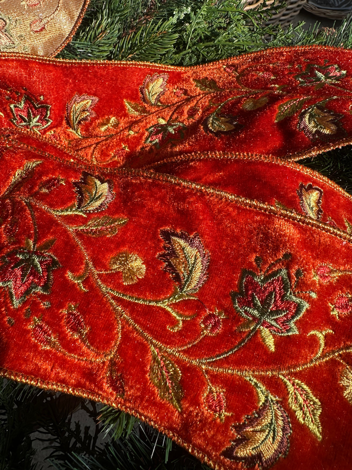 4" X 5 YDS EMBROIDERED AUTUMN LEAVES RIBBON