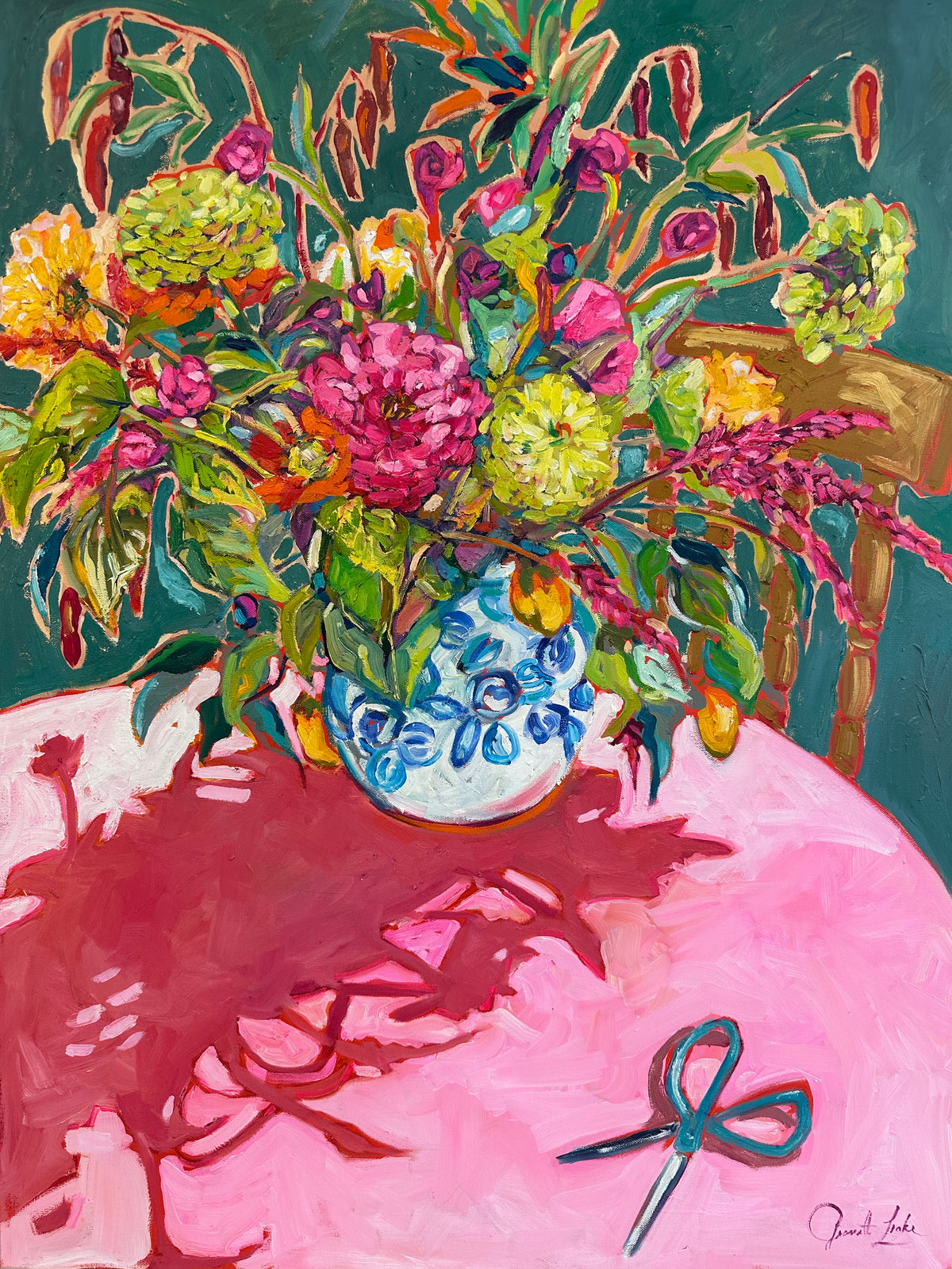 ZINNIAS IN A BLUE VASE