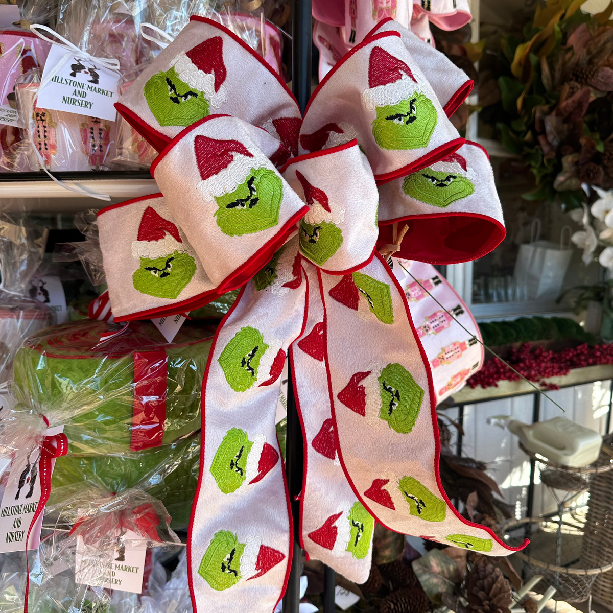 HANDMADE EMBROIDERED GRINCH BOW