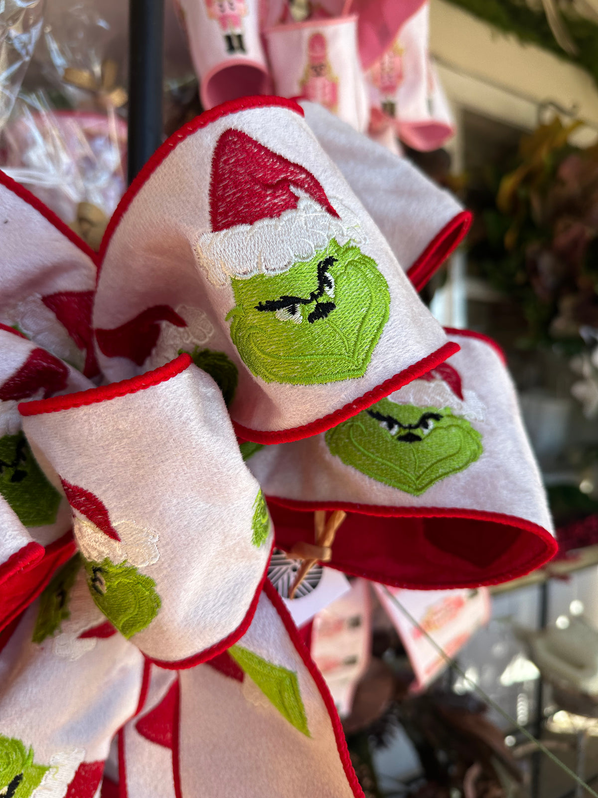 HANDMADE EMBROIDERED GRINCH BOW