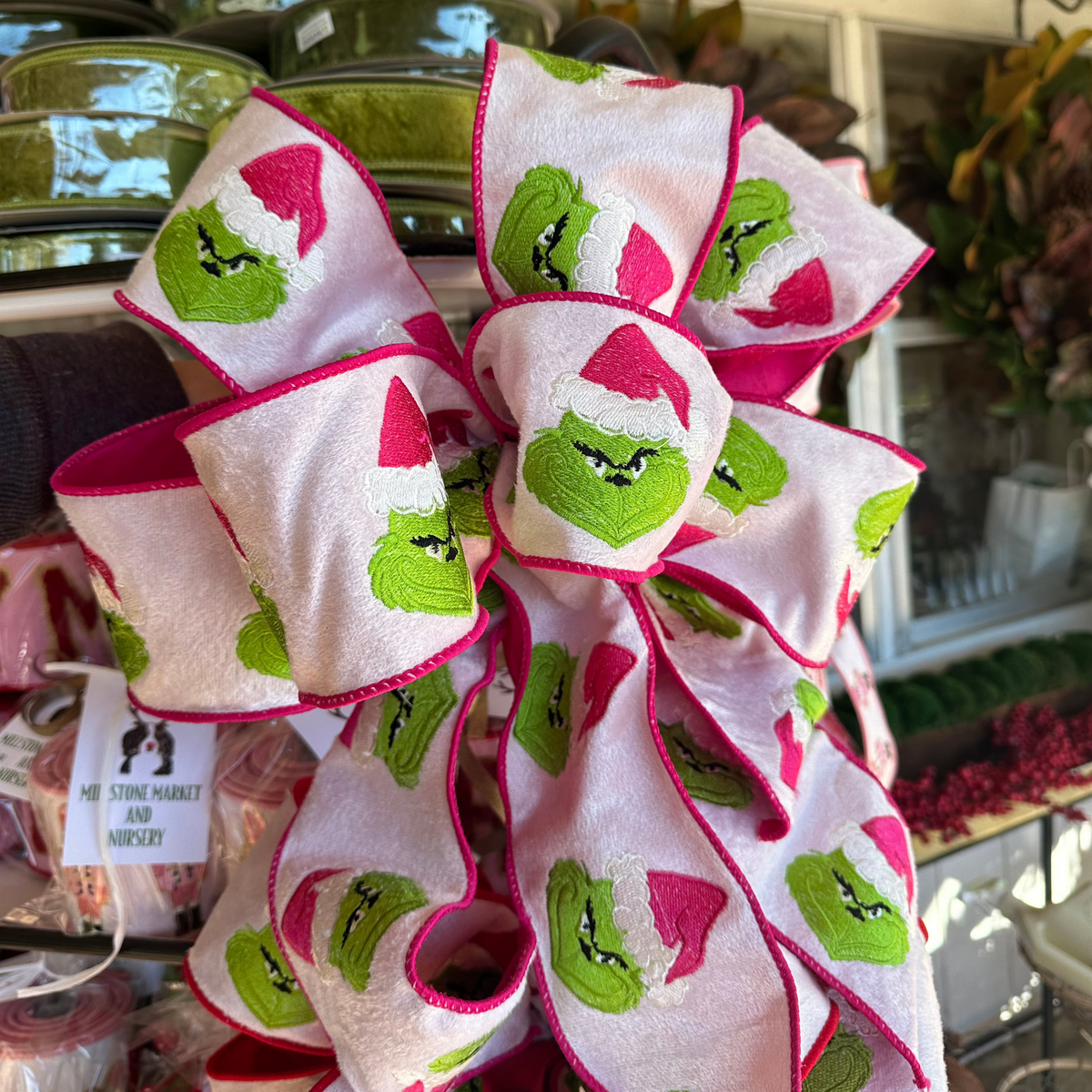 HANDMADE EMBROIDERED GRINCH BOW