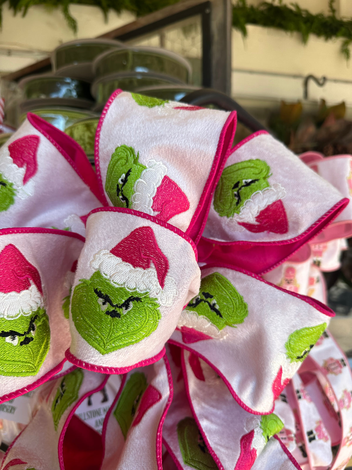 HANDMADE EMBROIDERED GRINCH BOW