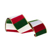 A roll of striped velvet ribbon in red, white, and green with a thin gold edge, coiled on a gray concrete floor.