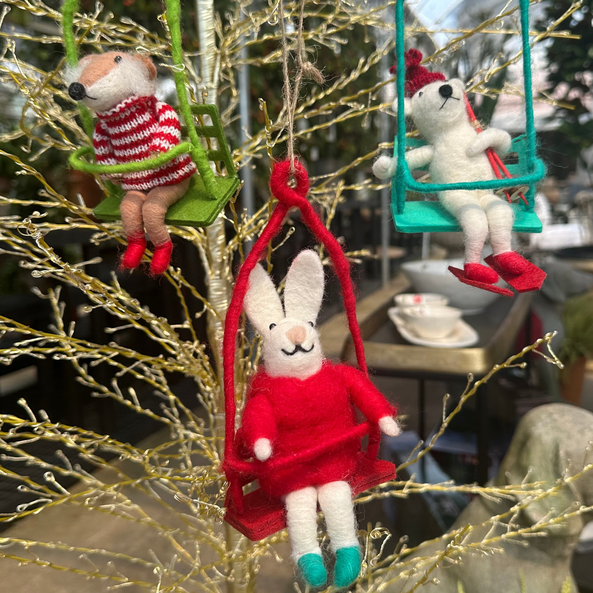 WOOL FELT ANIMALS ON SKI LIFTS-S/3