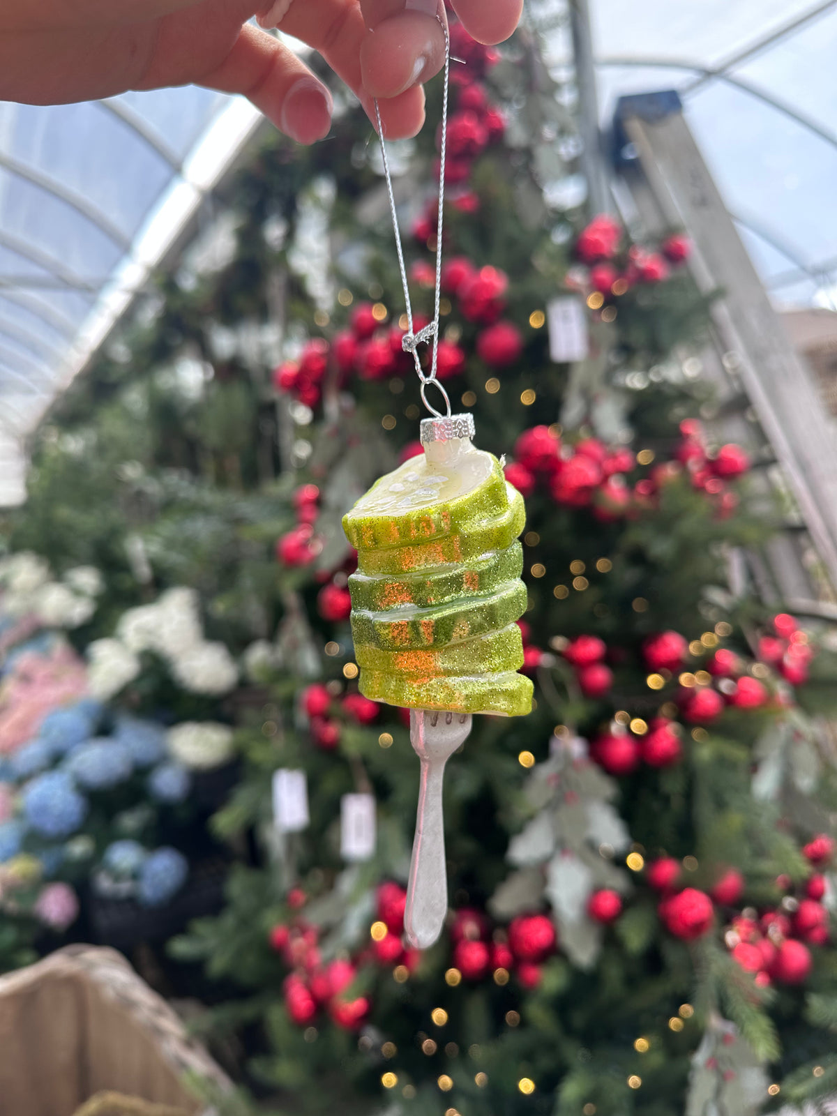 GLASS PICKLES ON FORK ORNAMENT