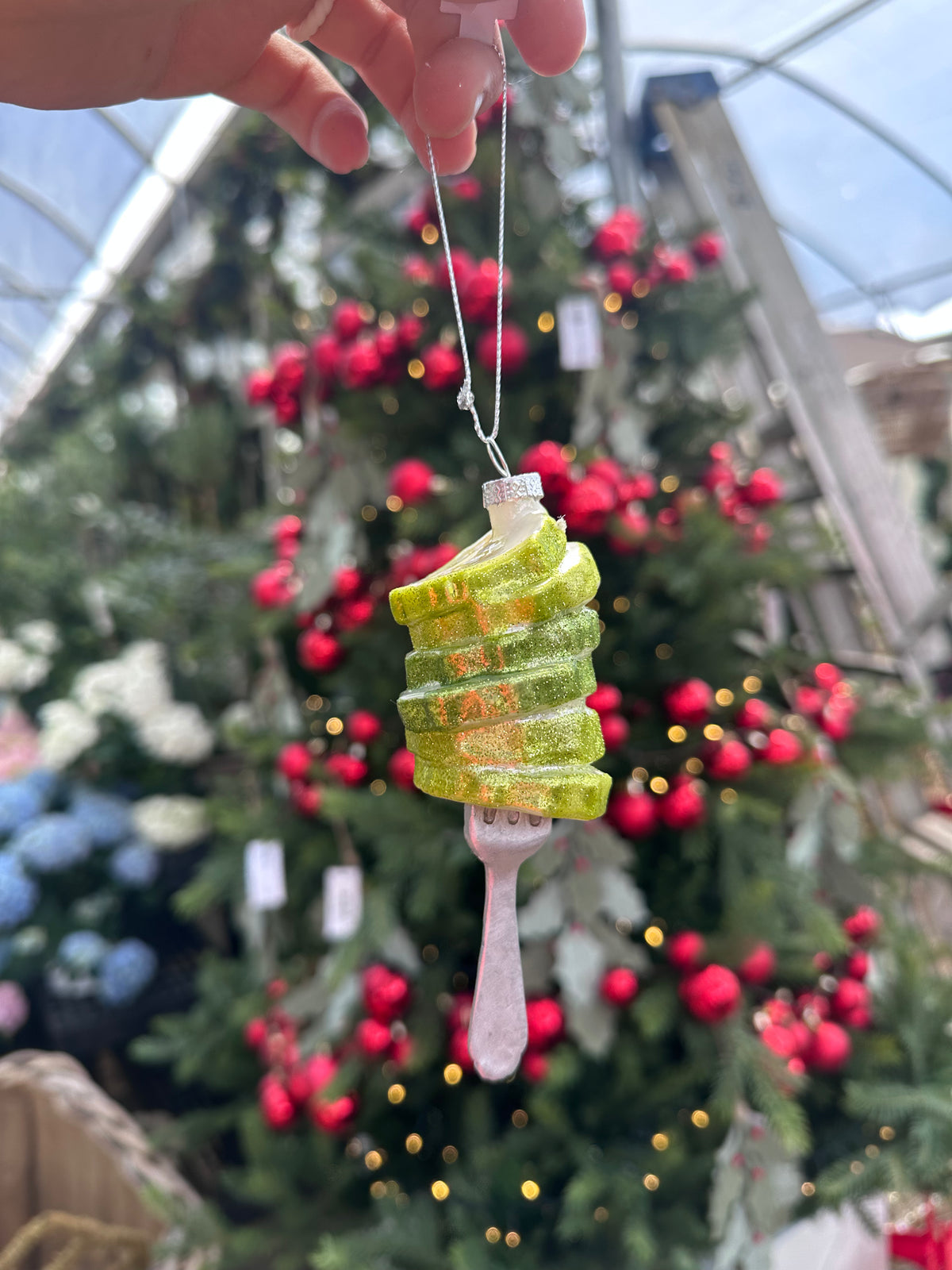 GLASS PICKLES ON FORK ORNAMENT