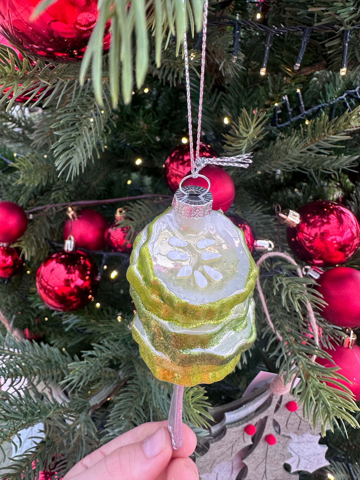 GLASS PICKLES ON FORK ORNAMENT