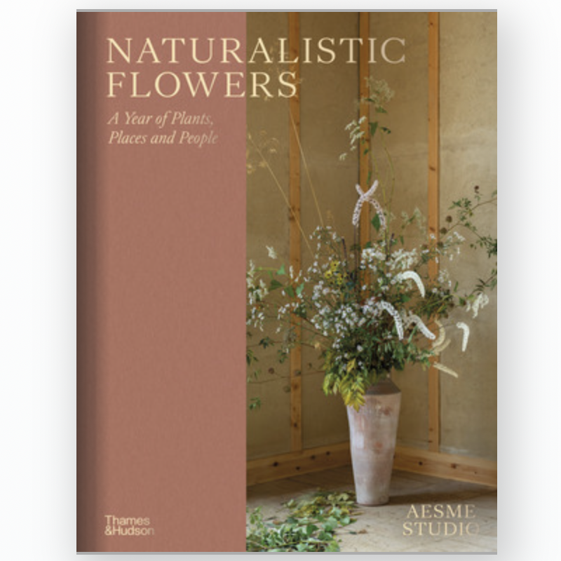 Book cover of 'Naturalistic Flowers' by Aesme Studio with a vase of flowers and wooden paneling.