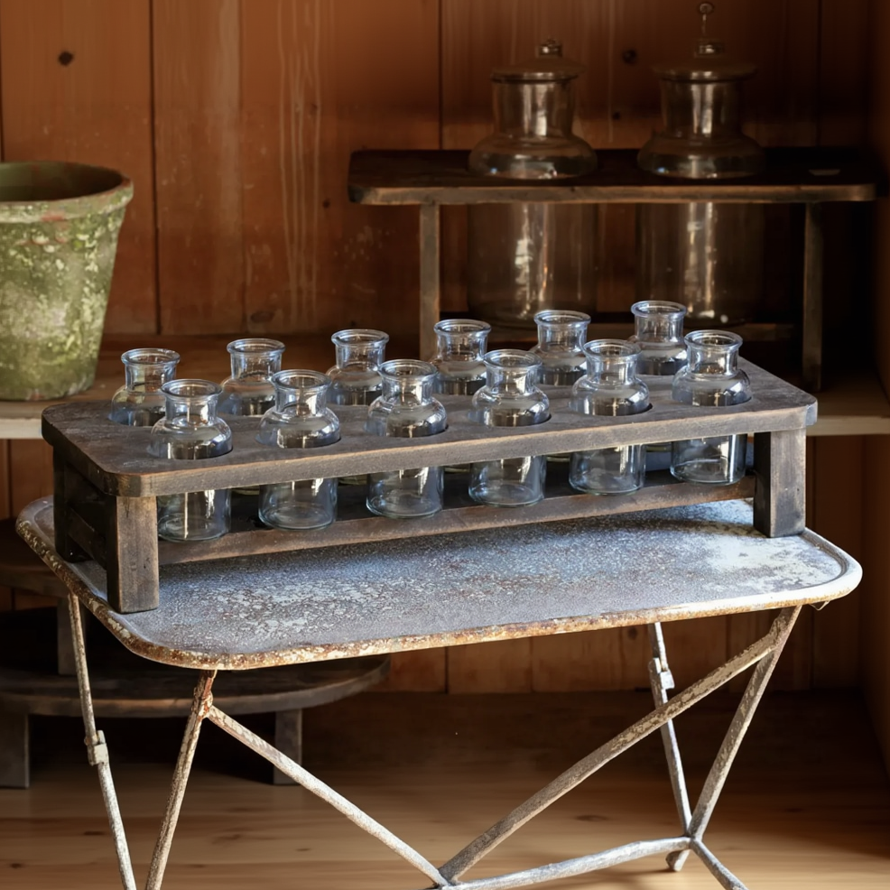 A rustic dark wood two-tiered glass carrier holding multiple small clear glass bottles, displayed on a weathered metal table in a warm wood-paneled room.