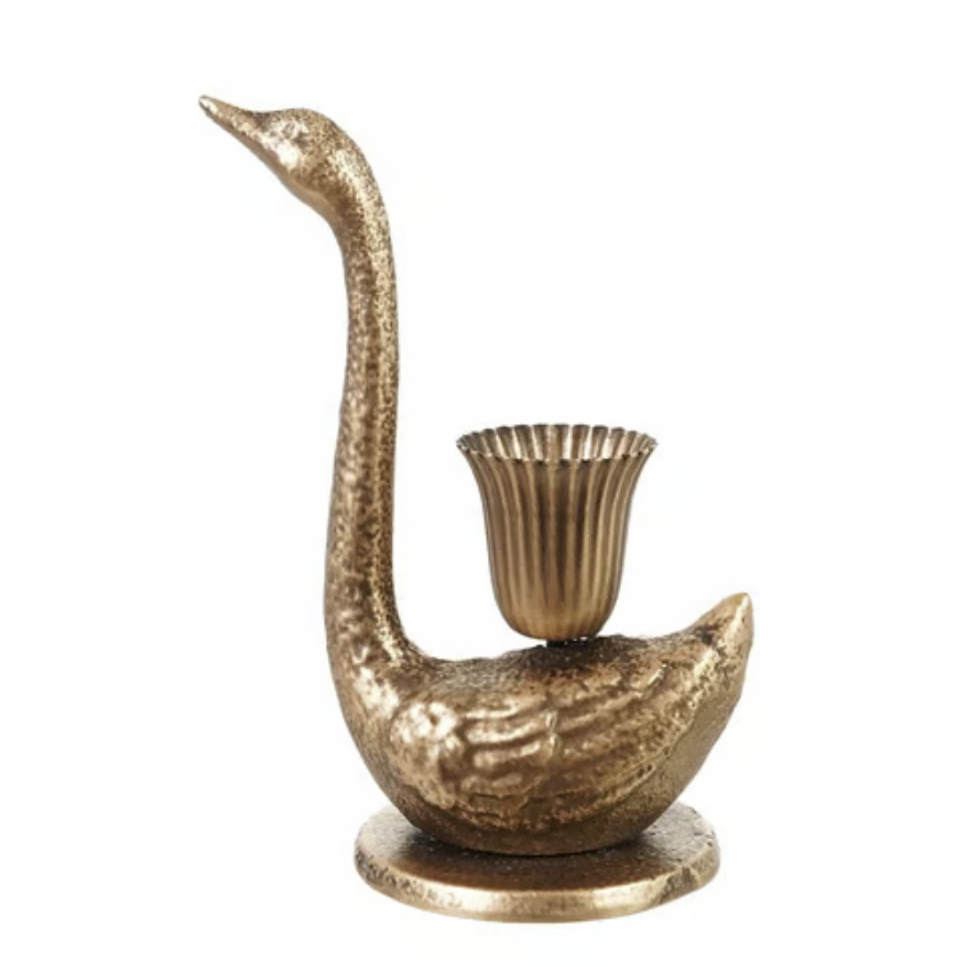 A decorative swan-shaped candle holder in a textured metallic gold finish, featuring a long curved neck, a fluted cup in the center, and a round base, shown against a plain white background.
