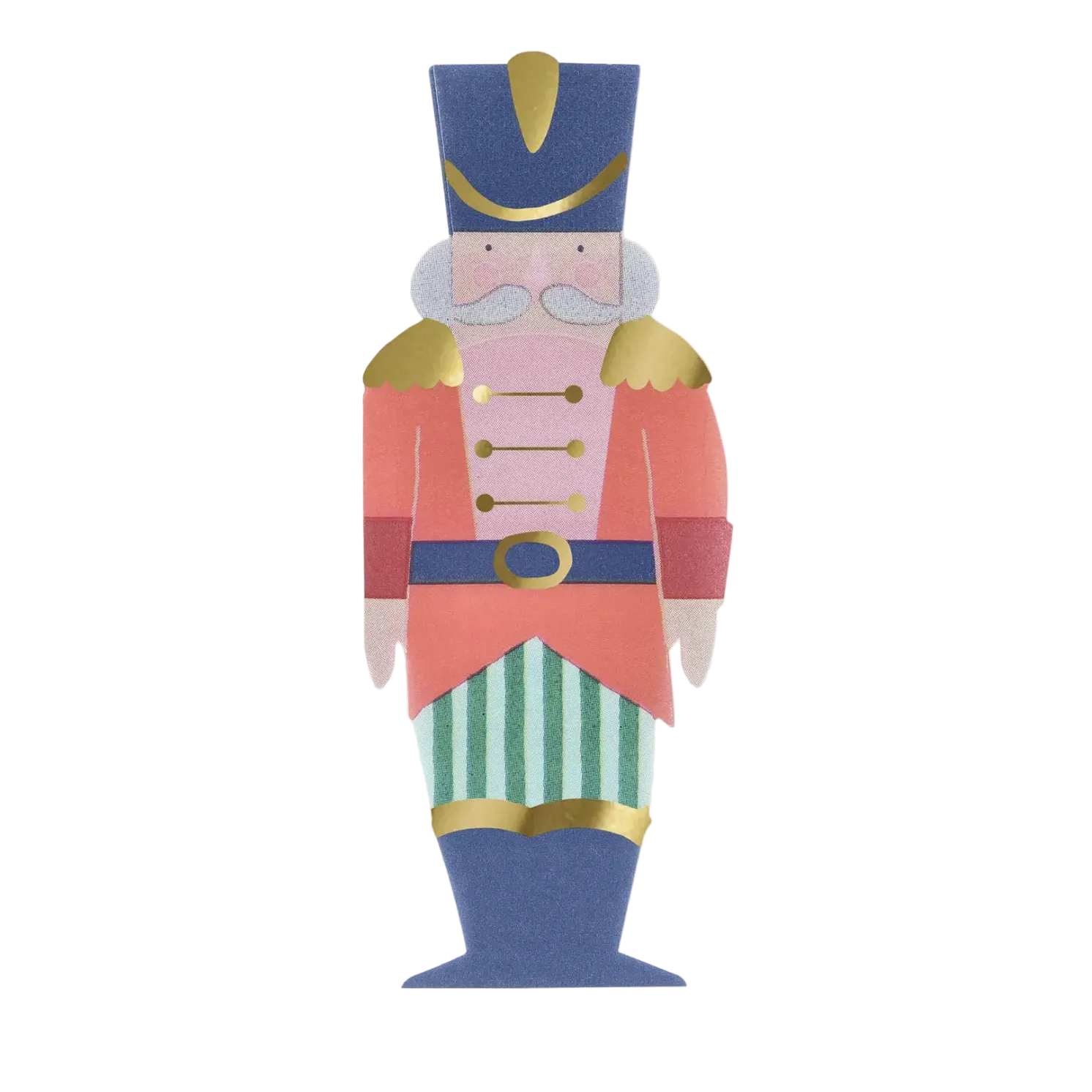 A stylized nutcracker figure made from layered paper/cardboard, featuring a blue hat, pink jacket, green and white striped pants, and gold metallic accents, centered on a light gray background.