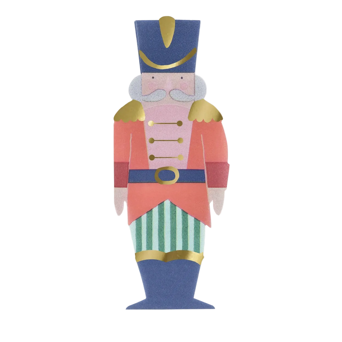 A stylized nutcracker figure made from layered paper/cardboard, featuring a blue hat, pink jacket, green and white striped pants, and gold metallic accents, centered on a light gray background.