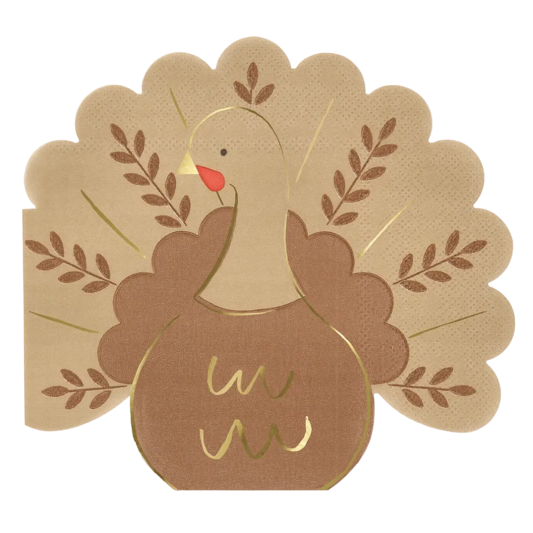 A single Thanksgiving-themed paper napkin shaped like a turkey, with a tan body, brown scalloped feathers, gold leaf-style outlines, and a small red beak, shown on a plain light background.
