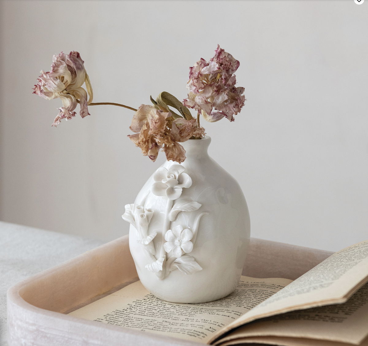 Stoneware Vase w/ White Flower