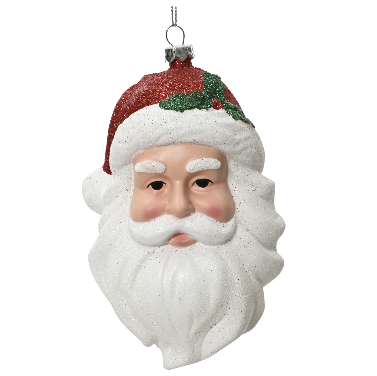 A classic Christmas ornament shaped like a Santa Claus face, featuring a textured white beard and hat with red and green glitter accents, shown against a plain white background.