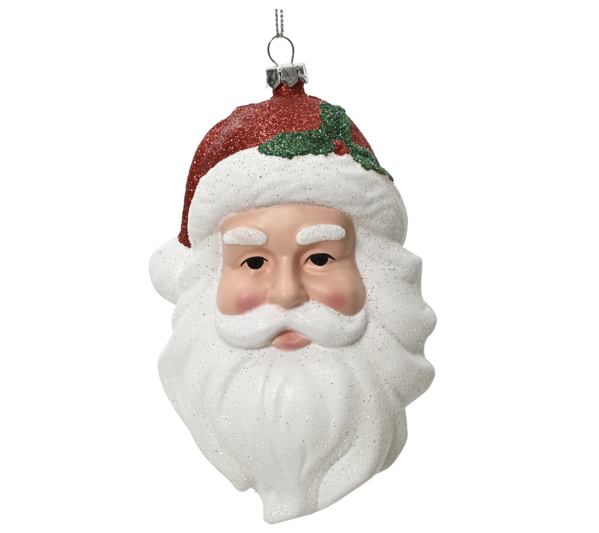 A classic Christmas ornament shaped like a Santa Claus face, featuring a textured white beard and hat with red and green glitter accents, shown against a plain white background.
