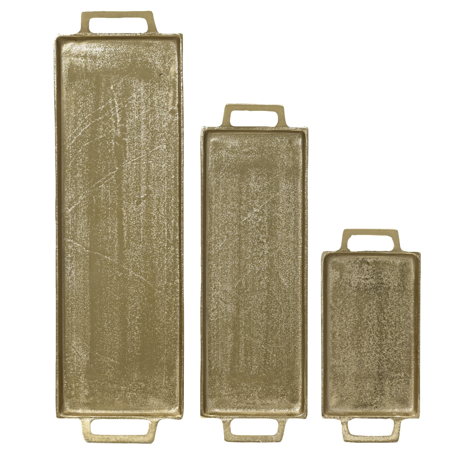 Three rectangular metal trays in graduated sizes with integrated top and bottom handles, shown on a plain white background.