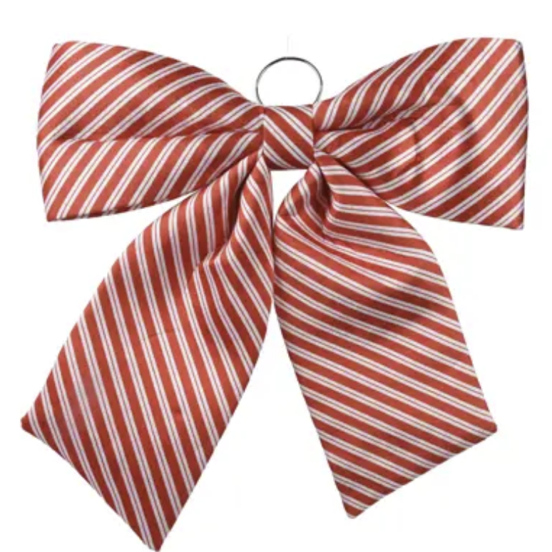 A large cheerleader-style bow with diagonal red and white stripes, featuring a metal ring at the top for attaching to a headband or hair tie, shown against a plain white background.