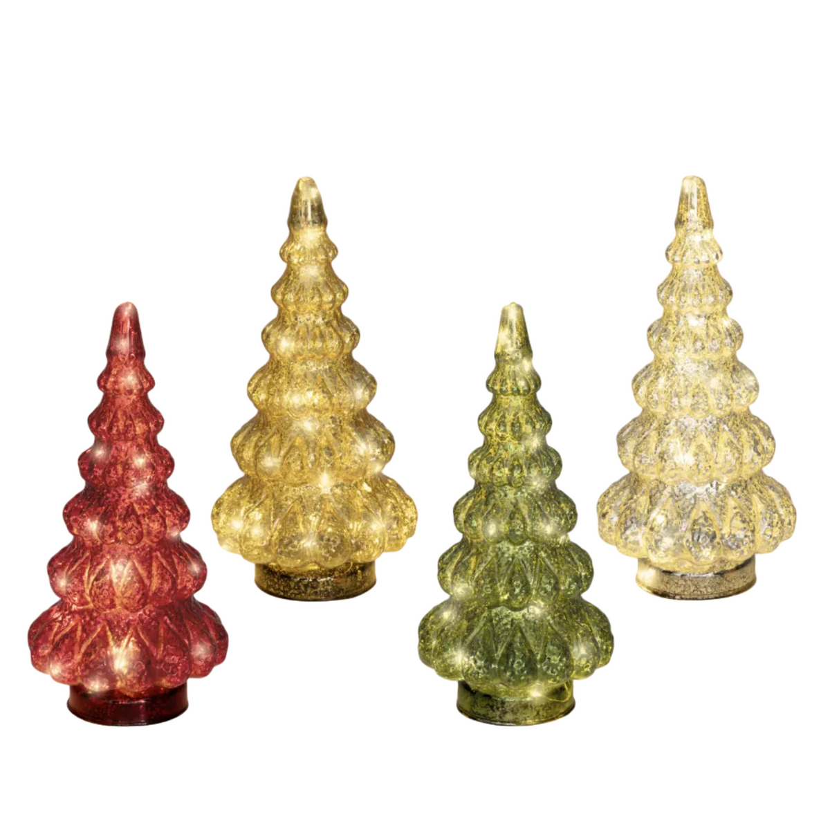 Four vintage-style glass Christmas tree ornaments with internal warm white lights, shown in red, gold, green, and clear/cream glass on a plain white background.