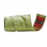 A roll of green velvet ribbon with a red, green, and black tartan plaid pattern visible on the inner side, shown against a plain white background.
