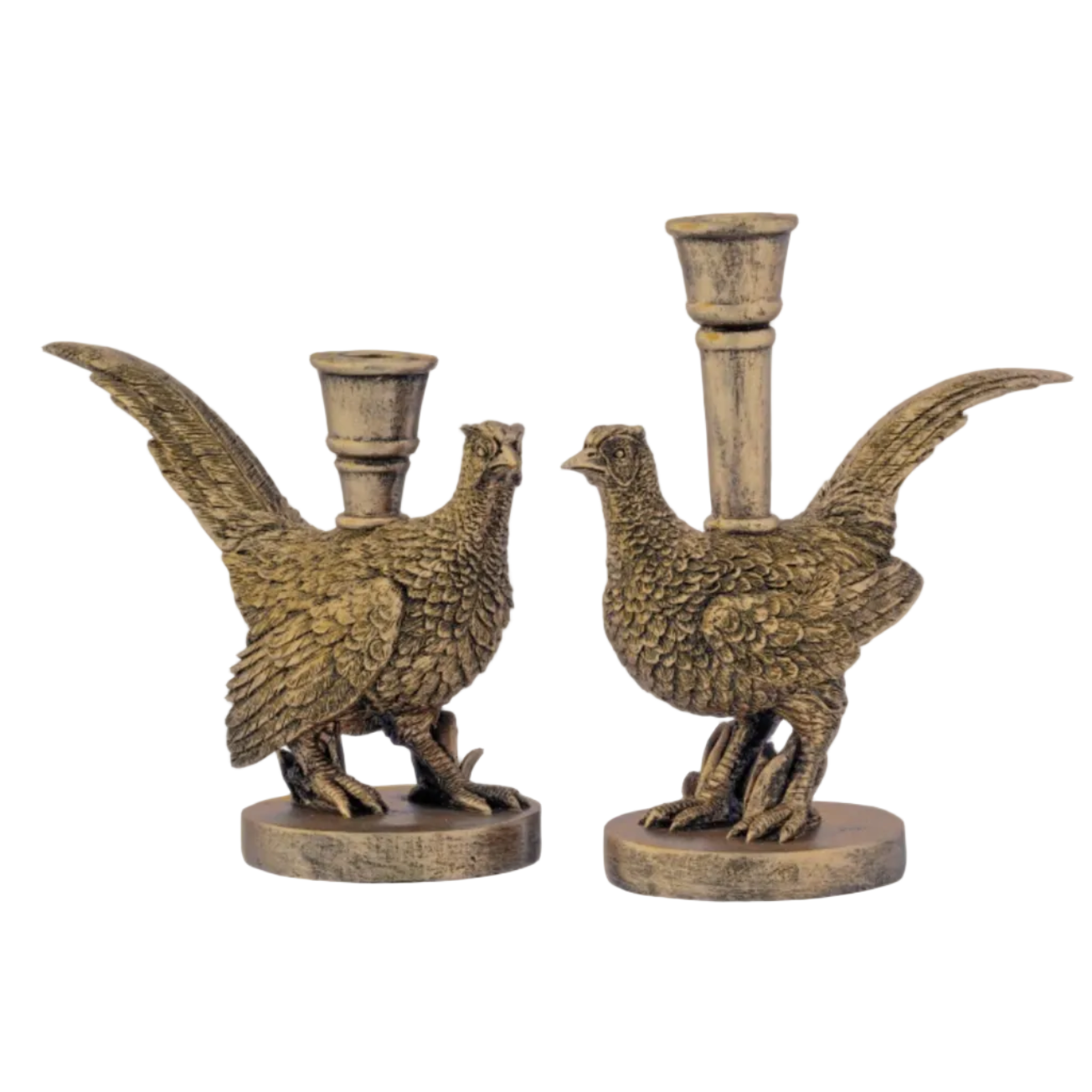 A pair of rustic bronze-finished pheasant candlesticks on a plain white background.