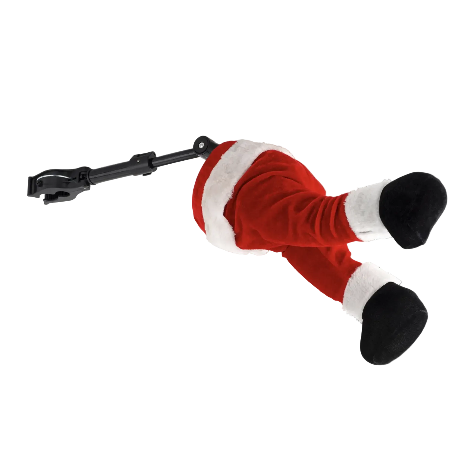A plush Santa Claus leg and foot toy dangling from a black plastic clip against a plain gray gradient background.