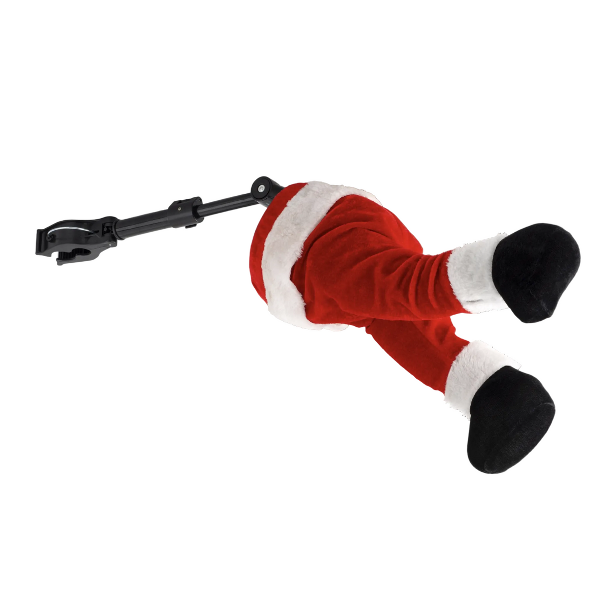 A plush Santa Claus leg and foot toy dangling from a black plastic clip against a plain gray gradient background.