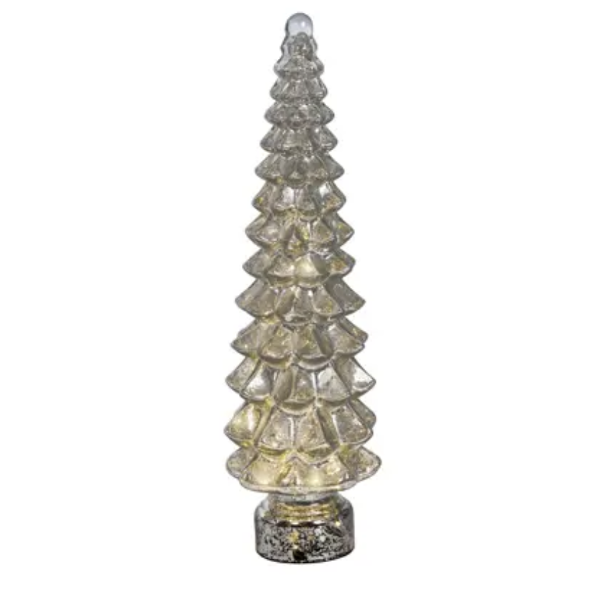 A small decorative Christmas tree made of clear textured glass with a silver-toned base, shown against a plain white background.