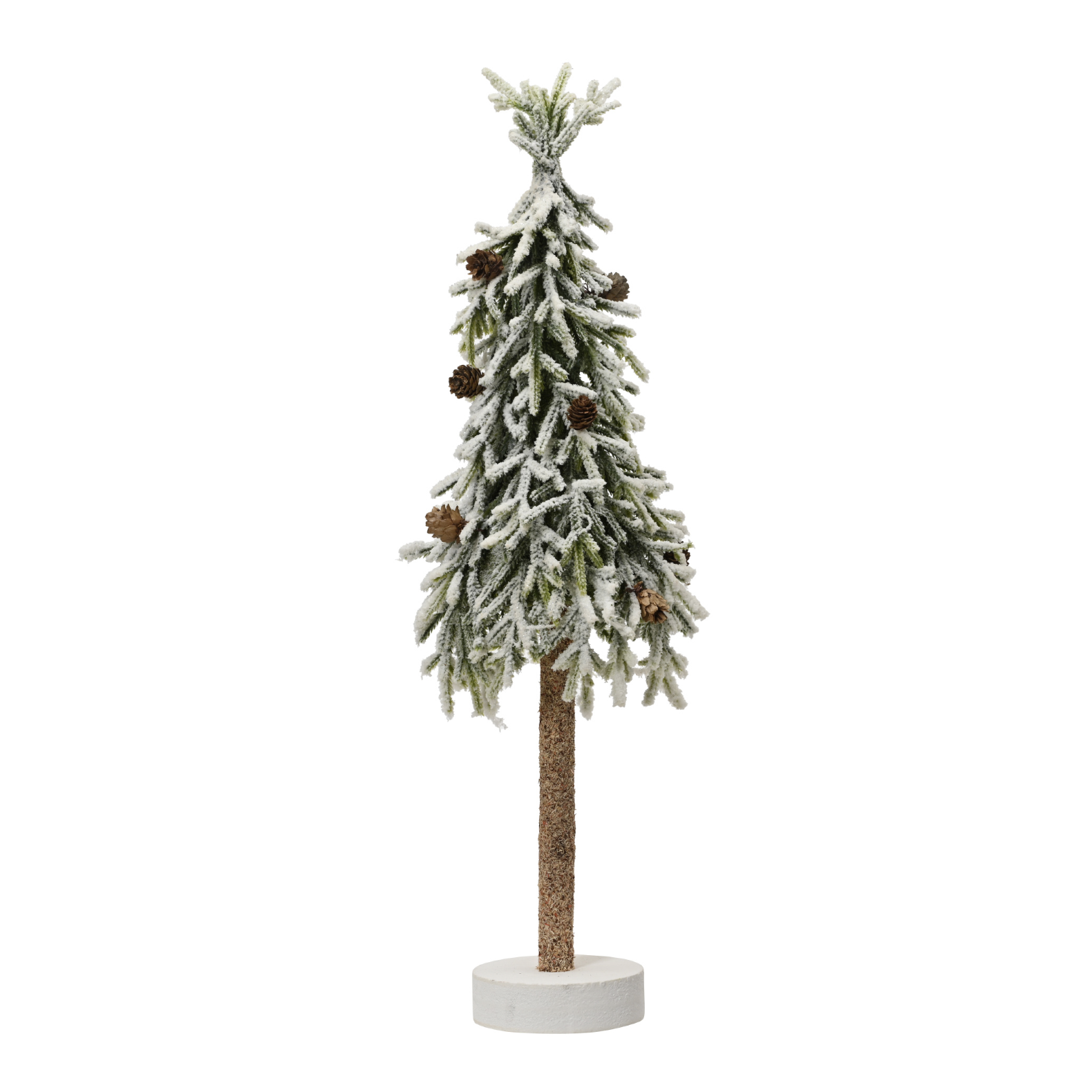 A small flocked Christmas tree with green and white branches, brown pinecones, and a natural brown trunk on a round white base, isolated on a white background.