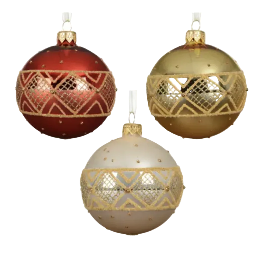 Three decorative Christmas glass ornaments hanging against a white background: one red with gold geometric patterns, one gold with gold patterns, and one champagne beige with gold patterns.