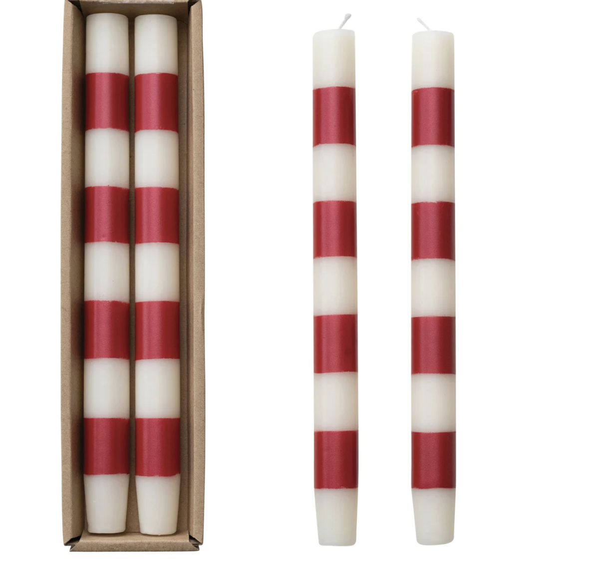 Three red and white striped taper candles, with two standing upright outside a cardboard box and one set of two inside the box, on a white background.