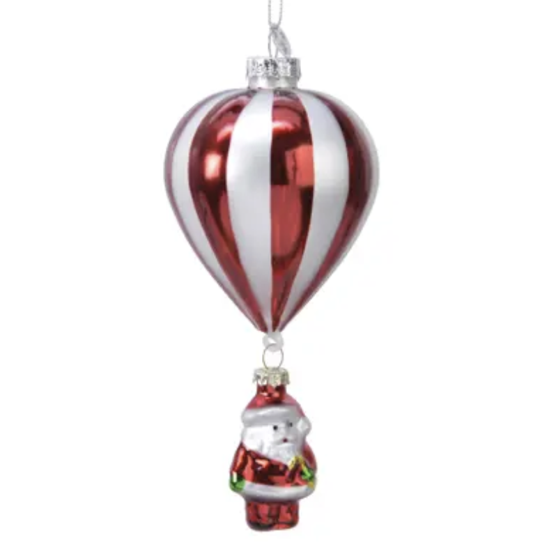 A Christmas ornament shaped like a hot air balloon with red and silver vertical stripes, featuring a small hanging Santa Claus figure in a basket below, shown on a plain white background.