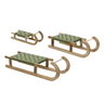Three wooden sleds with woven green seats in different sizes, shown on a plain white background.