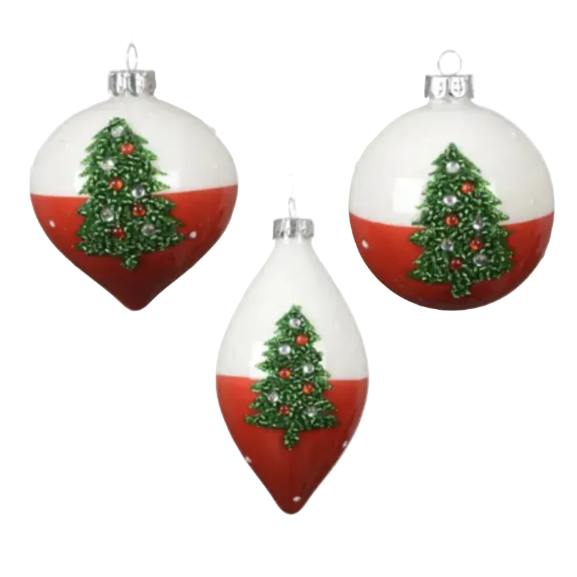Three Christmas glass ornaments hanging against a white background: two round ornaments and one teardrop ornament, each with a white upper half, red lower half, and a green Christmas tree with small red and silver ornaments.